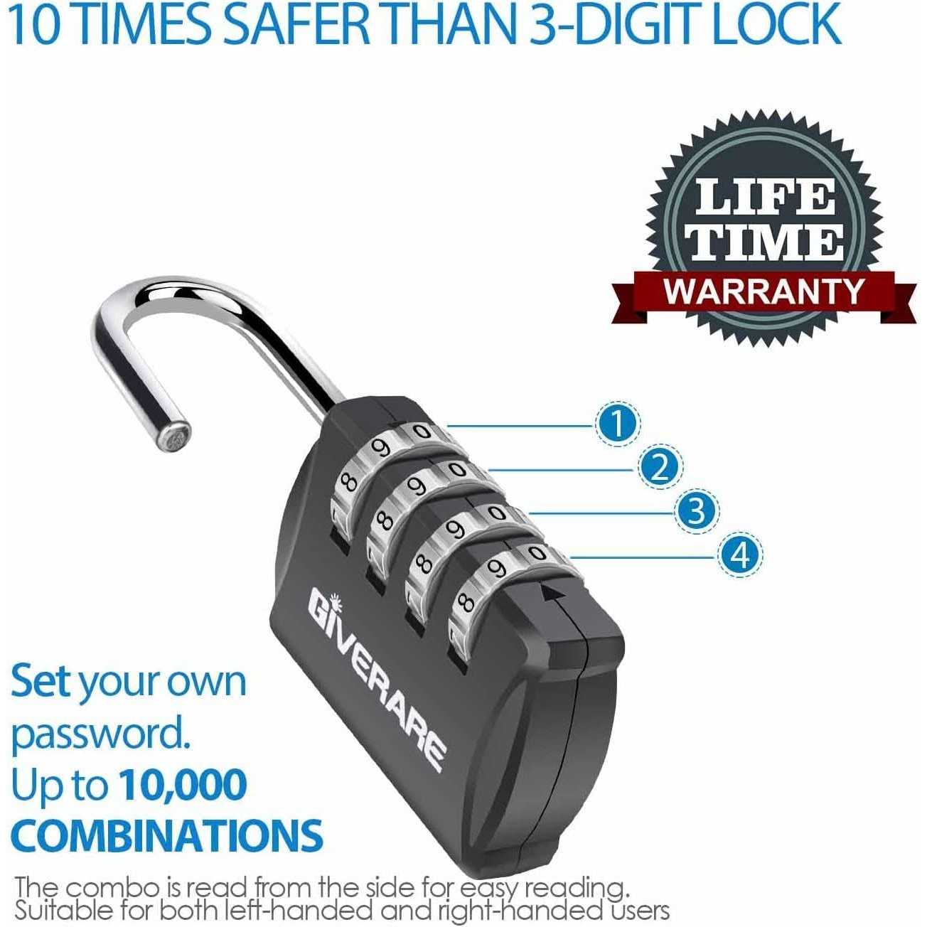 GIVERARE Combination Lock 4-Digit Padlock Keyless - Zenithce