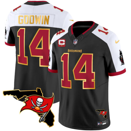 Tampa Bay Buccaneers #14 Chris Godwin Black White With Florida Patch Gold Trim Vapor Stitched Jersey - Zenithce