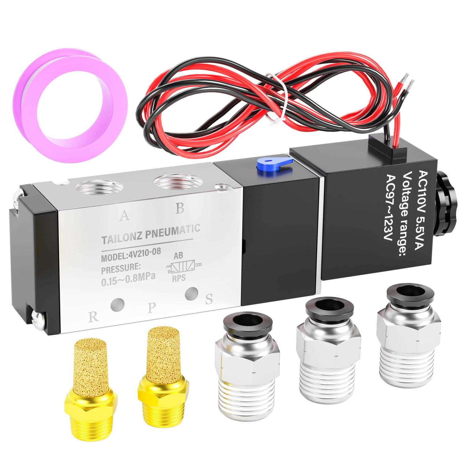 TAILONZ PNEUMATIC 1/4NPT Solenoid Valve 12V/24V/110V Single Coil Pilot-Operated Electric 2 Position 5 Way Connection Type 4V210-08 - Zenithce