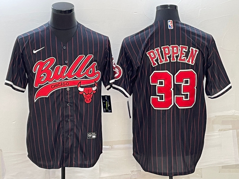 Chicago Bulls #33 Scottie Pippen Black Pinstripe With Patch Cool Base Stitched Baseball Jersey - Zenithce