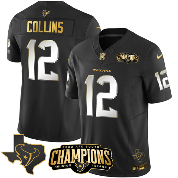 Houston Texans #12 Nico Collins Black Golden 2023 F.U.S.E. With AFC South Champions Patch And Team Logo Patch Limited Stitched Jersey - Zenithce