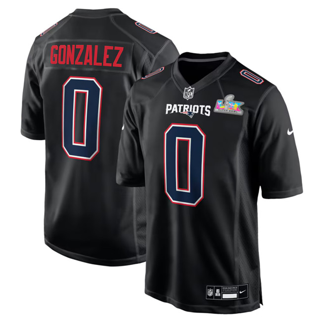 New England Patriots #0 Christian Gonzalez Black 2025 Super Bowl LX Patch Carbon Fashion Stitched Game Jersey - Zenithce