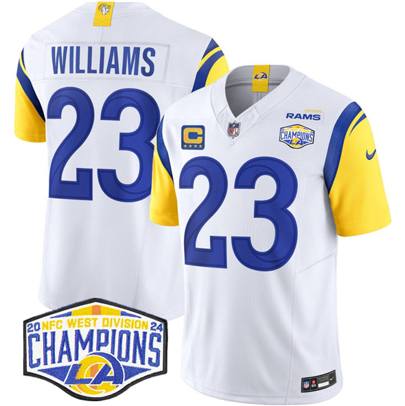 Los Angeles Rams #23 Kyren Williams White 2024 NFC West Champions With 4-Star C Patch F.U.S.E. Vapor Untouchable Stitched Jersey - Zenithce