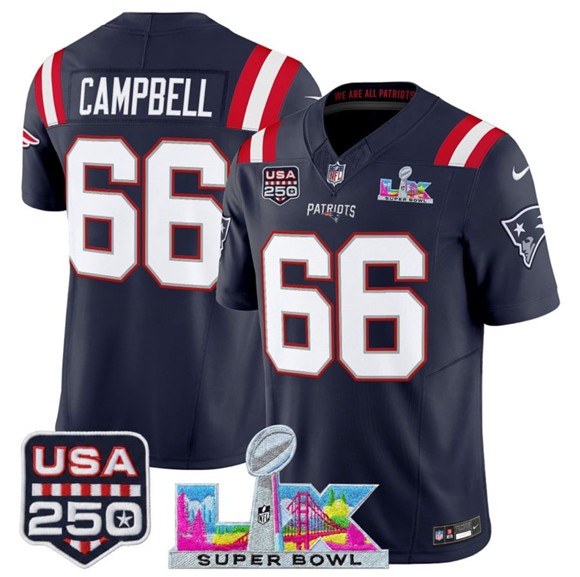 New England Patriots #66 Will Campbell Navy 2025 F.U.S.E. Super Bowl LX Patch And USA 250' Patch Vapor Limited Stitched Jersey - Zenithce