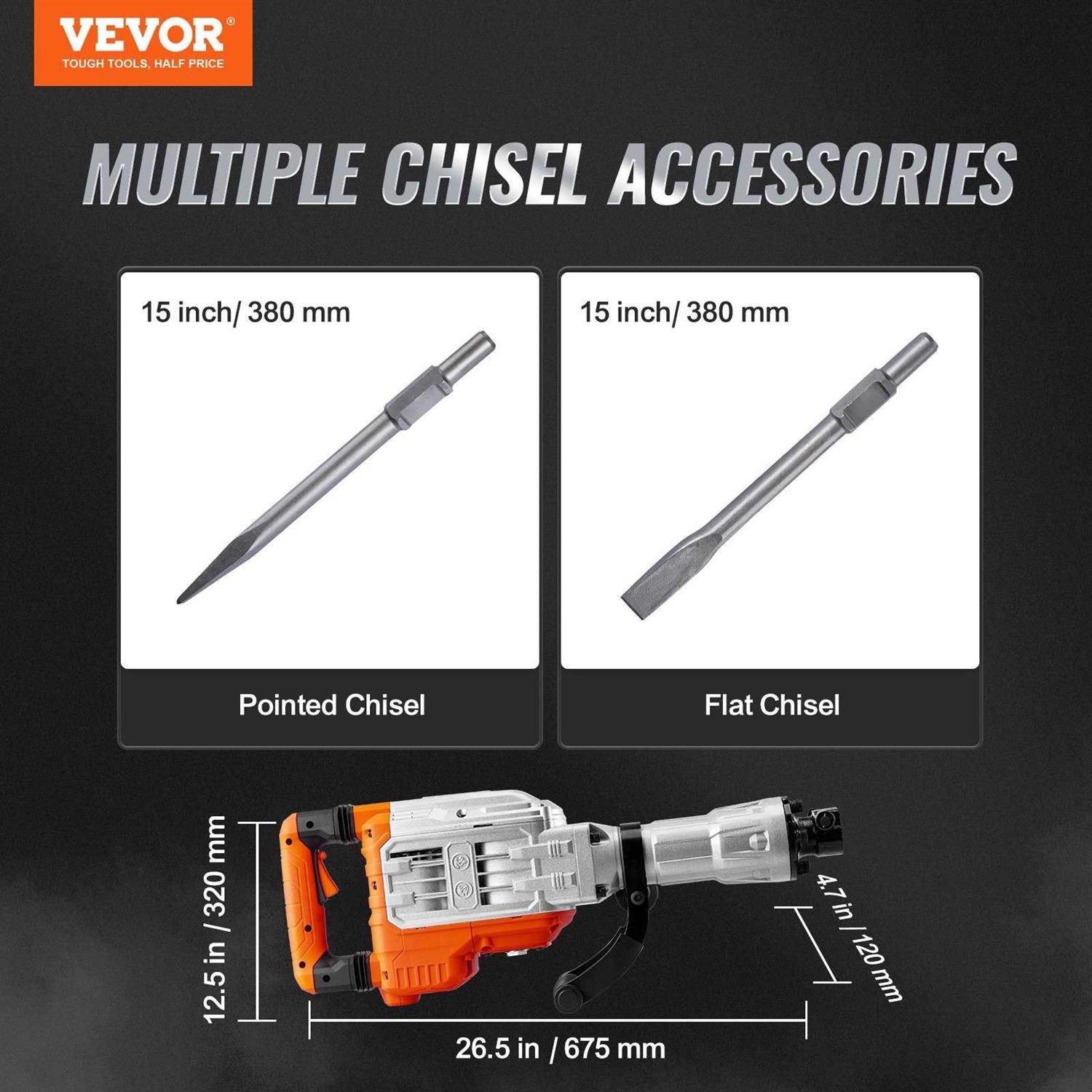 VEVOR Demolition Hammer Demolition Jack Hammer Concrete Breaker 2200W Electric Hammer 2 Chisel Bits - Zenithce