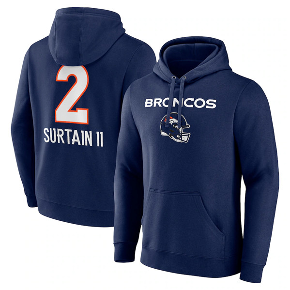 Denver Broncos #2 Pat Surtain II Navy Team Wordmark Name Number Pullover Hoodie - Zenithce