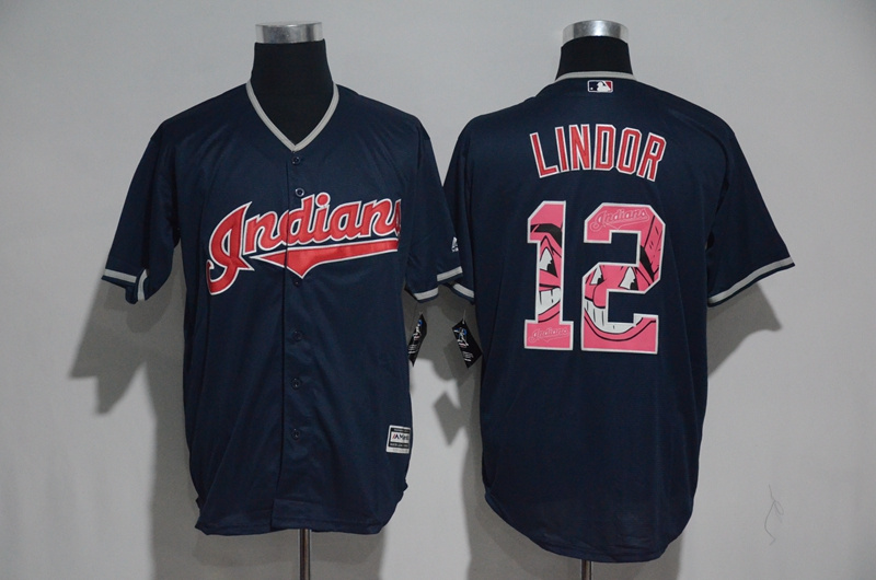 Cleveland Indians #12 Francisco Lindor Navy Blue Team Logo Print Cool Base Stitched Jersey - Zenithce
