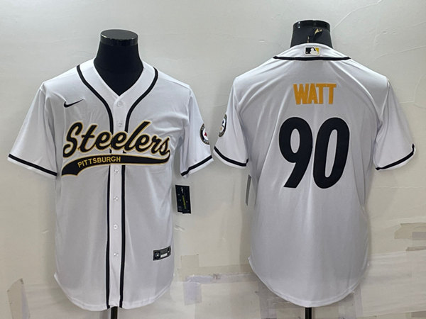 Pittsburgh Steelers #90 T.J. Watt White With Patch Cool Base Stitched Baseball Jersey - Zenithce