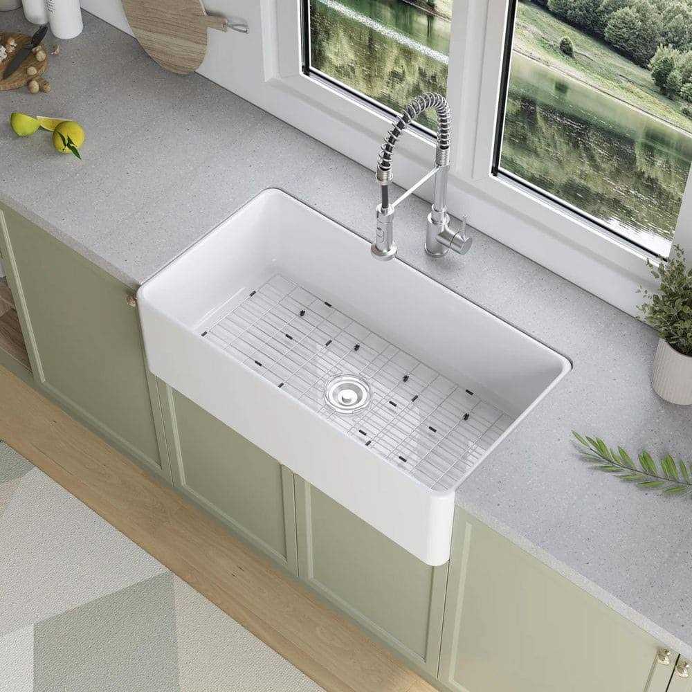 HOROW White Fireclay 36 in. Single Bowl Farmhouse Apron Kitchen Sink Workstation Kitchen Sink with Bottom Grid - Zenithce