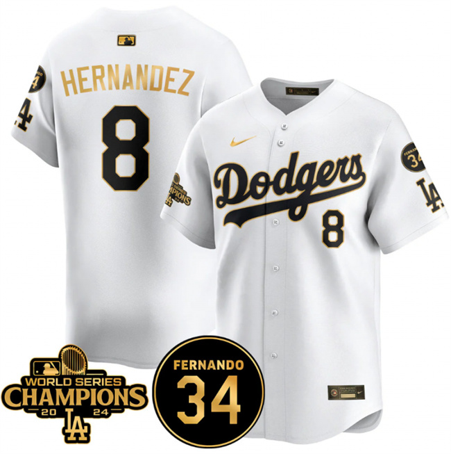 Los Angeles Dodgers #8 Enrique Hernández White Gold 2024 World Series Champions Fernando Memorial Patch Vapor Premier Limited Stitched Jersey - Zenithce