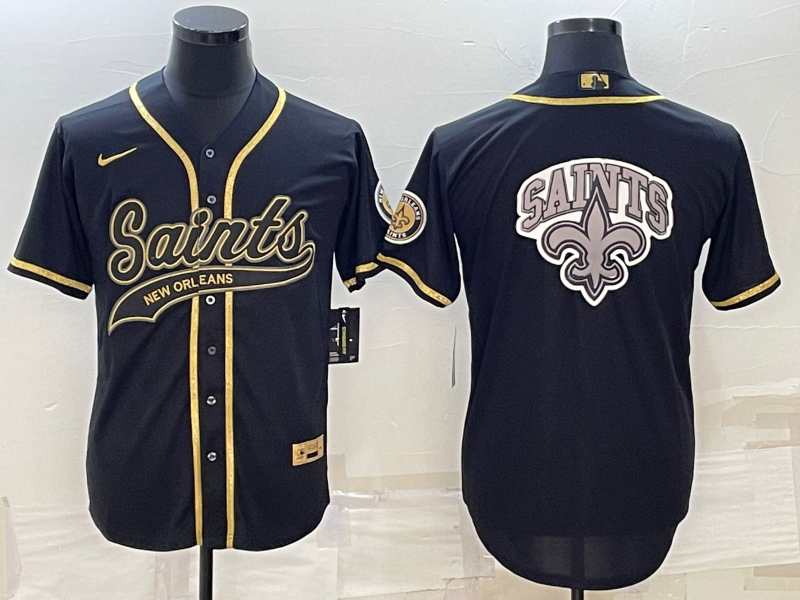 New Orleans Saints Black Gold Team Big Logo With Patch Cool Base Stitched Baseball Jersey - Zenithce