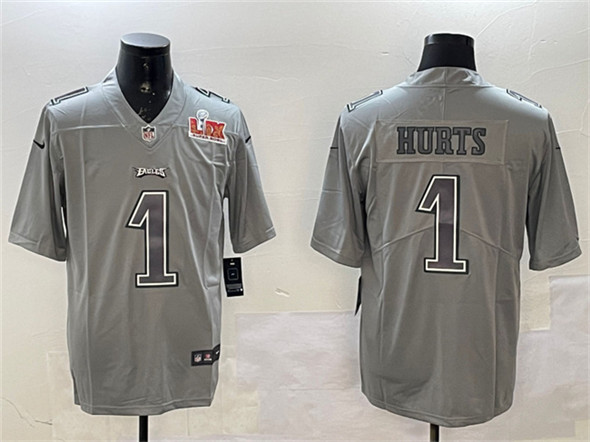 Philadelphia Eagles #1 Jalen Hurts Grey 2025 Super Bowl LIX Patch Atmosphere Fashion Vapor Untouchable Limited Stitched Jersey - Zenithce