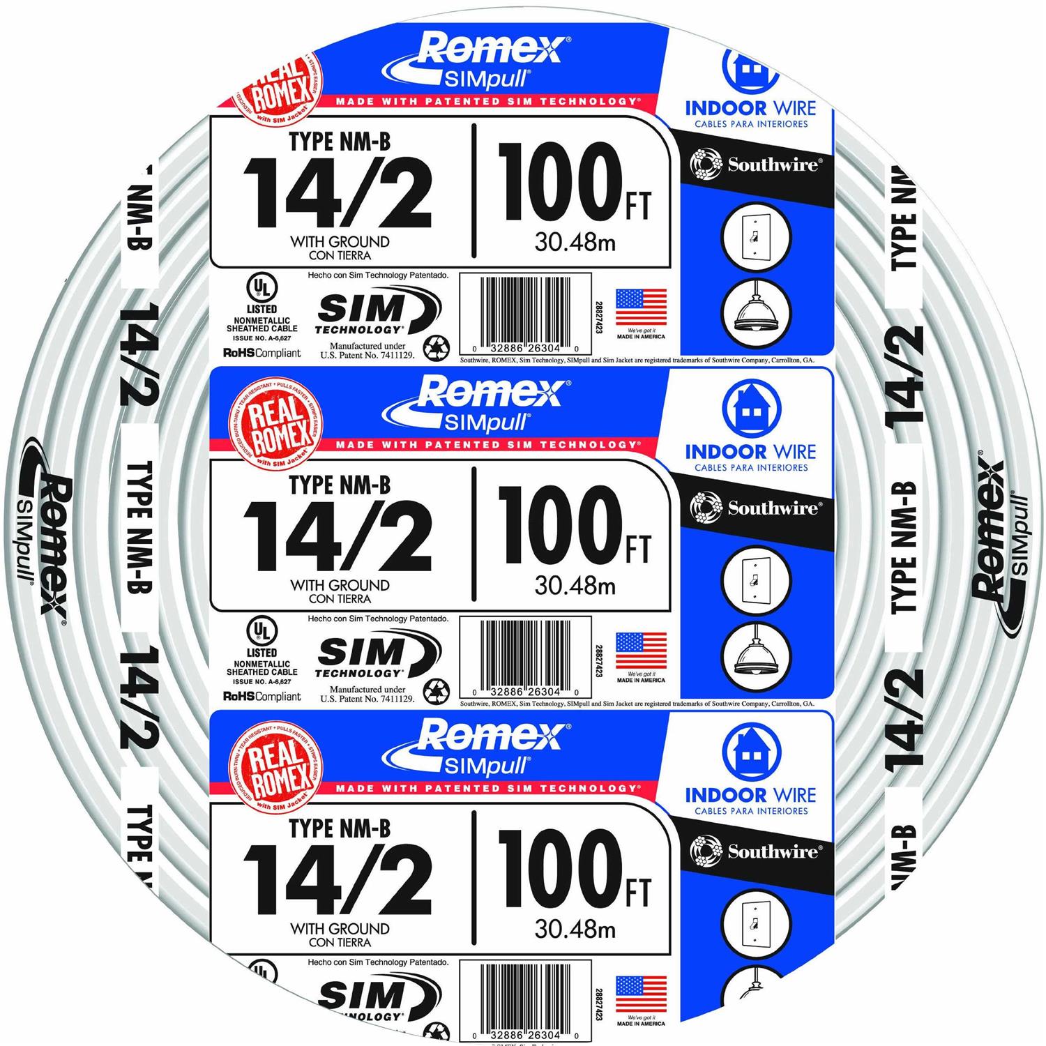 Southwire 28827421 Building Wire, 14 AWG Wire, 2 -Conductor, 25 ft L, Copper Conductor, PVC Insulation - Zenithce