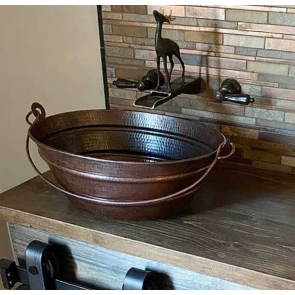 SimplyCopper 15 Round Cottage Chic Copper Vessel Bucket Bathroom Sink with Distressed Antique White Exterior WF-B-15-W - Zenithce