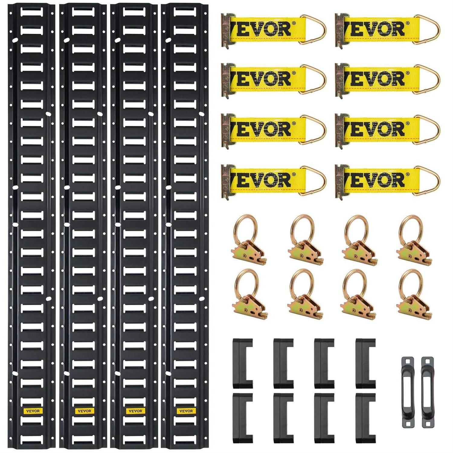 VEVOR E Track Tie-Down Rail Kit 34pcs 5ft E-Tracks Set Includes 8 Steel Rails & 2 Single Slot & 8 O Rings & 8 Tie-Offs w/D-Ring & 8 End Caps - Zenithce