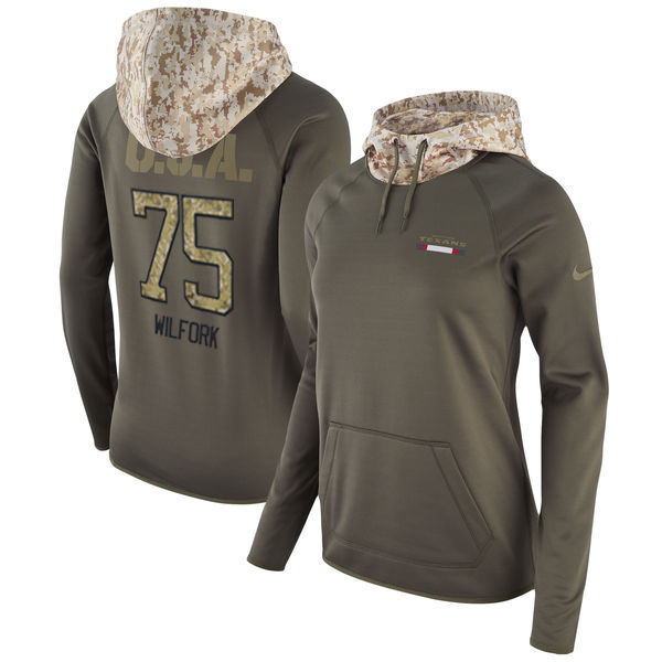 Women's Houston Texans #75 Vince Wilfork Olive Salute To Service Sideline Therma Pullover Hoodie - Zenithce
