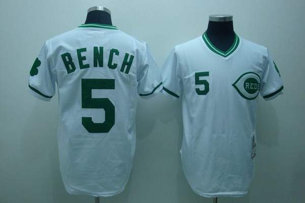 Mitchell And Ness Reds #5 Johnny Bench Stitched White Green Patch Throwback Jersey - Zenithce