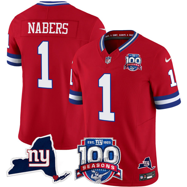 New York Giants #1 Malik Nabers Red 2024 F.U.S.E. 100th Season And State Patch Vapor Limited Stitched Jersey - Zenithce
