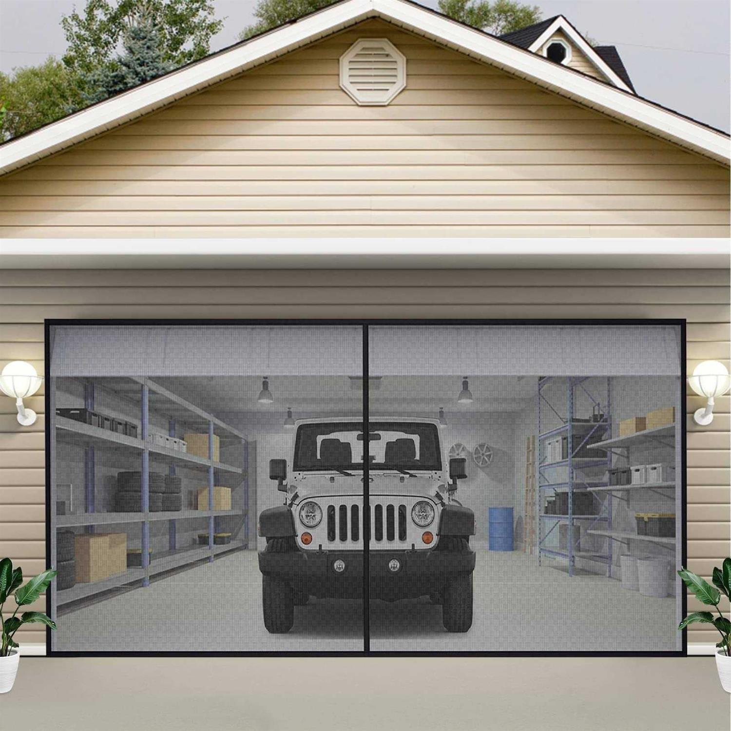 VEVOR Garage Door Screen 7 ft for 2 Cars Heavy-Duty Fiberglass Mesh for Quick Entry with Self Sealing Magnet and Weighted Bottom - Zenithce