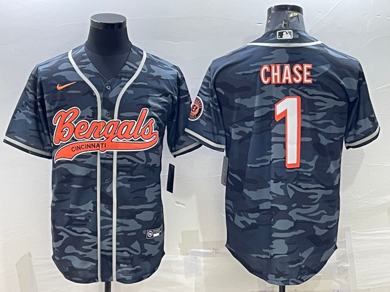 Cincinnati Bengals #1 Ja'Marr Chase Grey Camo With Patch Cool Base Stitched Baseball Jersey - Zenithce