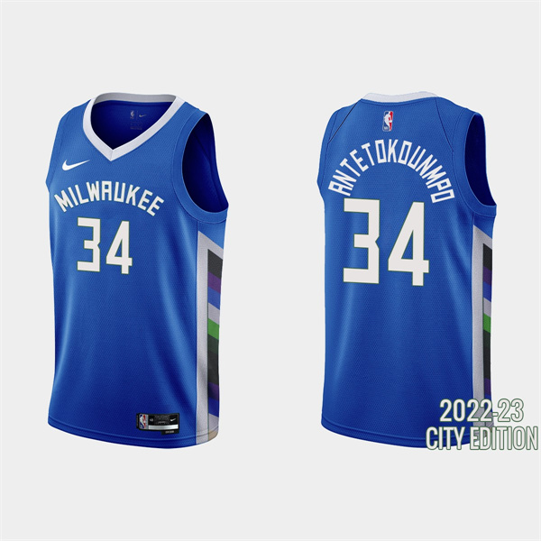Milwaukee Bucks #34 Giannis Antetokounmpo 2022-23 City Edition Blue Stitched Jersey - Zenithce