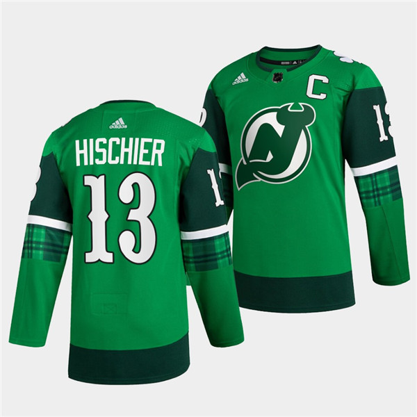New Jersey Devils #13 Nico Hischier Green Warm-Up St Patricks Day Stitched Jersey - Zenithce