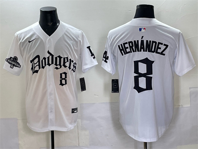 Los Angeles Dodgers #8 Enrique Hernández White 2025 LA Gothic Style With 2024 World Series Champions Patch Vapor Premier Limited Stitched Jersey - Zenithce