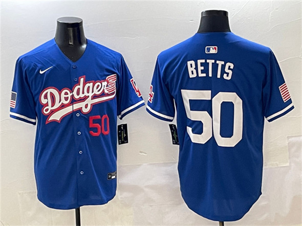 Los Angeles Dodgers #50 Mookie Betts Royal With American Flag Patch Limited Stitched Jersey - Zenithce