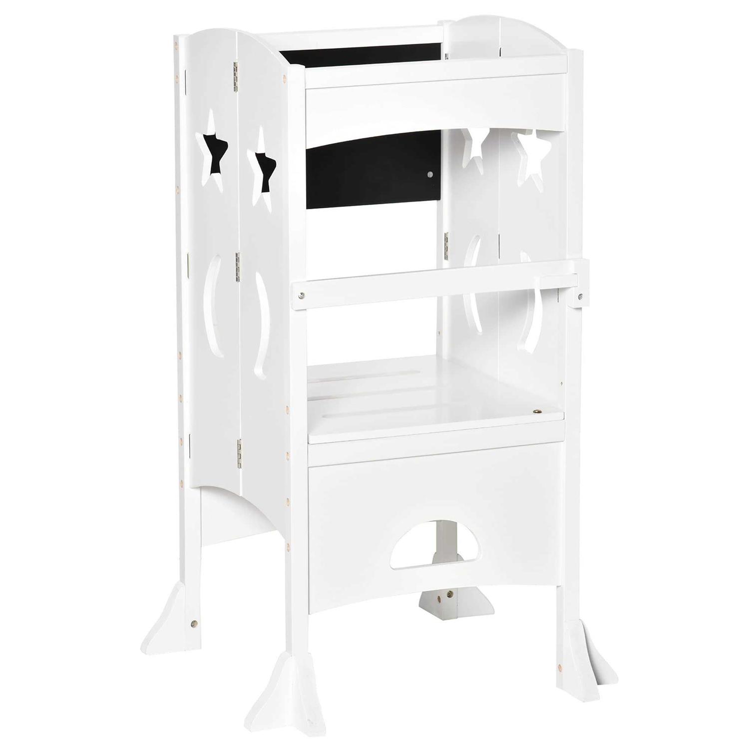Qaba Kids Foldable Kitchen Step Stool with Chalkboard and Lockable Handrail for Children 3-6 Years Old - Zenithce