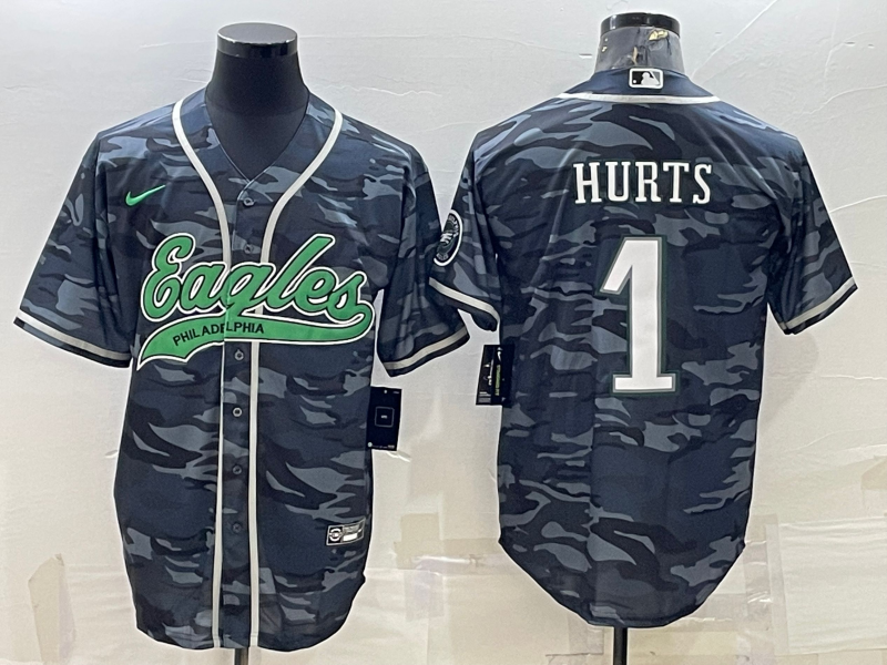 Philadelphia Eagles #1 Jalen Hurts Grey Camo With Patch Cool Base Stitched Baseball Jersey - Zenithce
