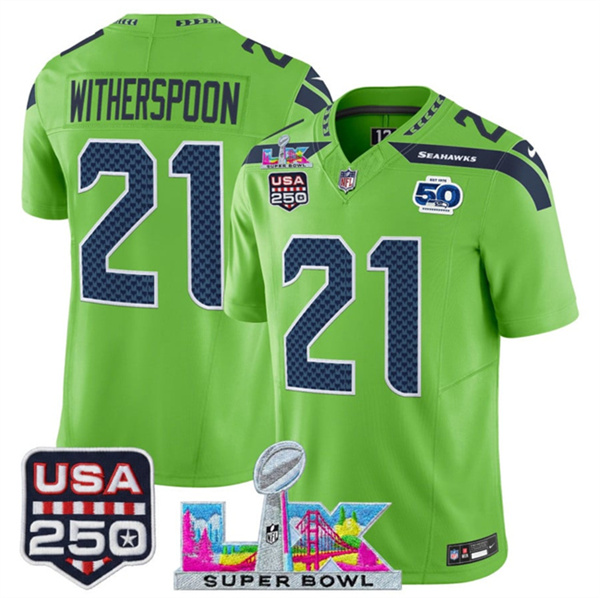 Seattle Seahawks #21 Devon Witherspoon Green 2025 F.U.S.E. Super Bowl LX Patch And 50th Season USA 250' Patch Vapor Limited Stitched Jersey - Zenithce