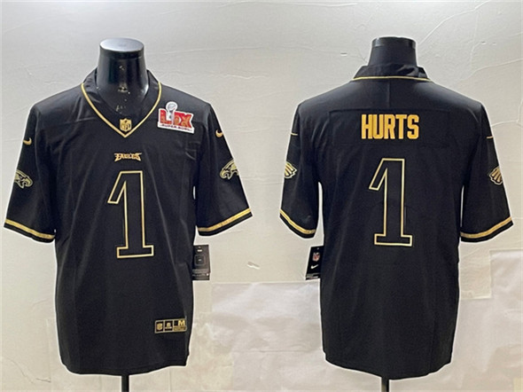 Philadelphia Eagles #1 Jalen Hurts Black Gold 2025 Super Bowl LIX Patch Salute To Service Vapor Untouchable Limited Stitched Jersey - Zenithce