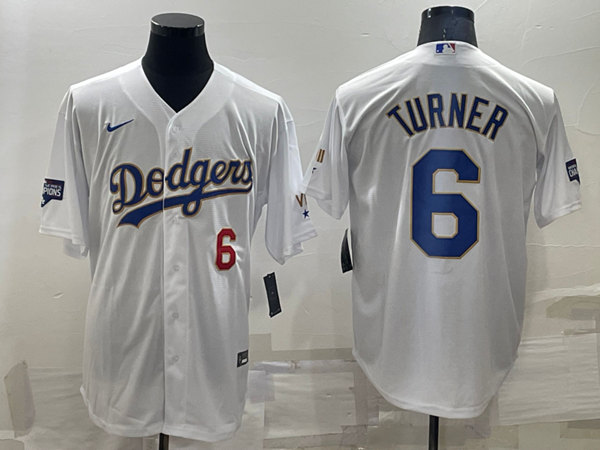 Los Angeles Dodgers #6 Trea Turner White Gold Championship Cool Base Stitched Baseball Jersey - Zenithce