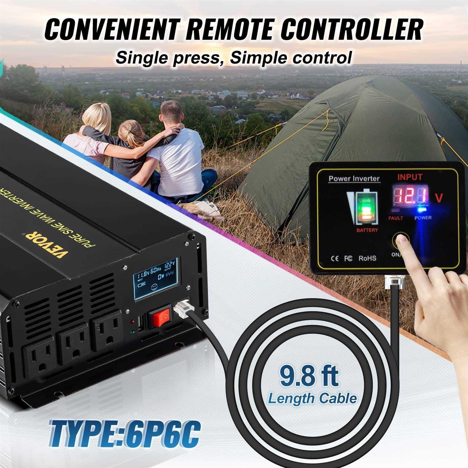 VEVOR Pure Sine Wave Inverter 2500 Watt Power Inverter DC 12V to AC 120V Car Inverter with USB Port LCD Display and Remote Controller Power - Zenithce