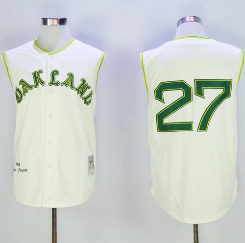 Mitchell And Ness 1968 Athletics #27 Catfish Hunter Cream Throwback Stitched Jersey - Zenithce