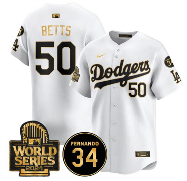 Los Angeles Dodgers #50 Mookie Betts White Gold 2024 World Series With Fernando Memorial Patch Limited Stitched Jersey - Zenithce