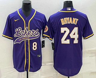 Los Angeles Lakers #8 #24 Kobe Bryant Number Purple With Patch Cool Base Stitched Baseball Jersey - Zenithce