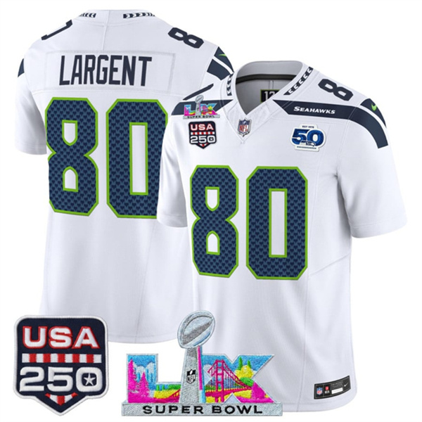 Seattle Seahawks #80 Steve Largent White 2025 F.U.S.E. Super Bowl LX Patch And 50th Season USA 250' Patch Vapor Limited Stitched Jersey - Zenithce