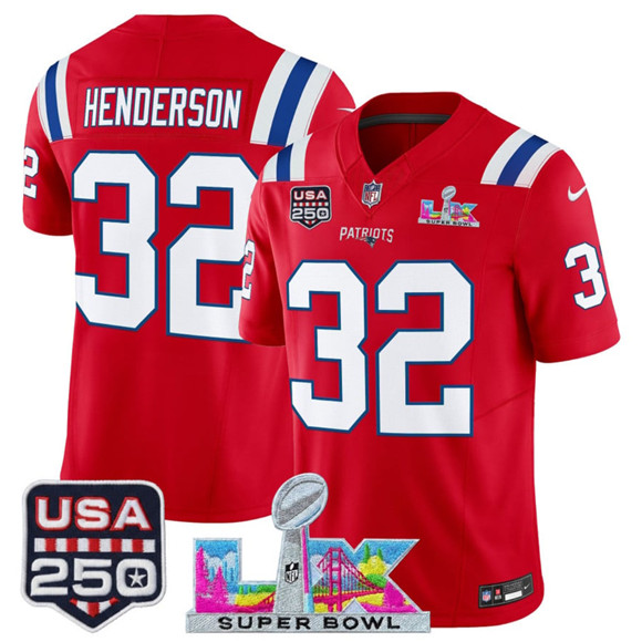 New England Patriots #32 TreVeyon Henderson Red 2025 F.U.S.E. Super Bowl LX Patch And USA 250' Patch Vapor Limited Stitched Jersey - Zenithce