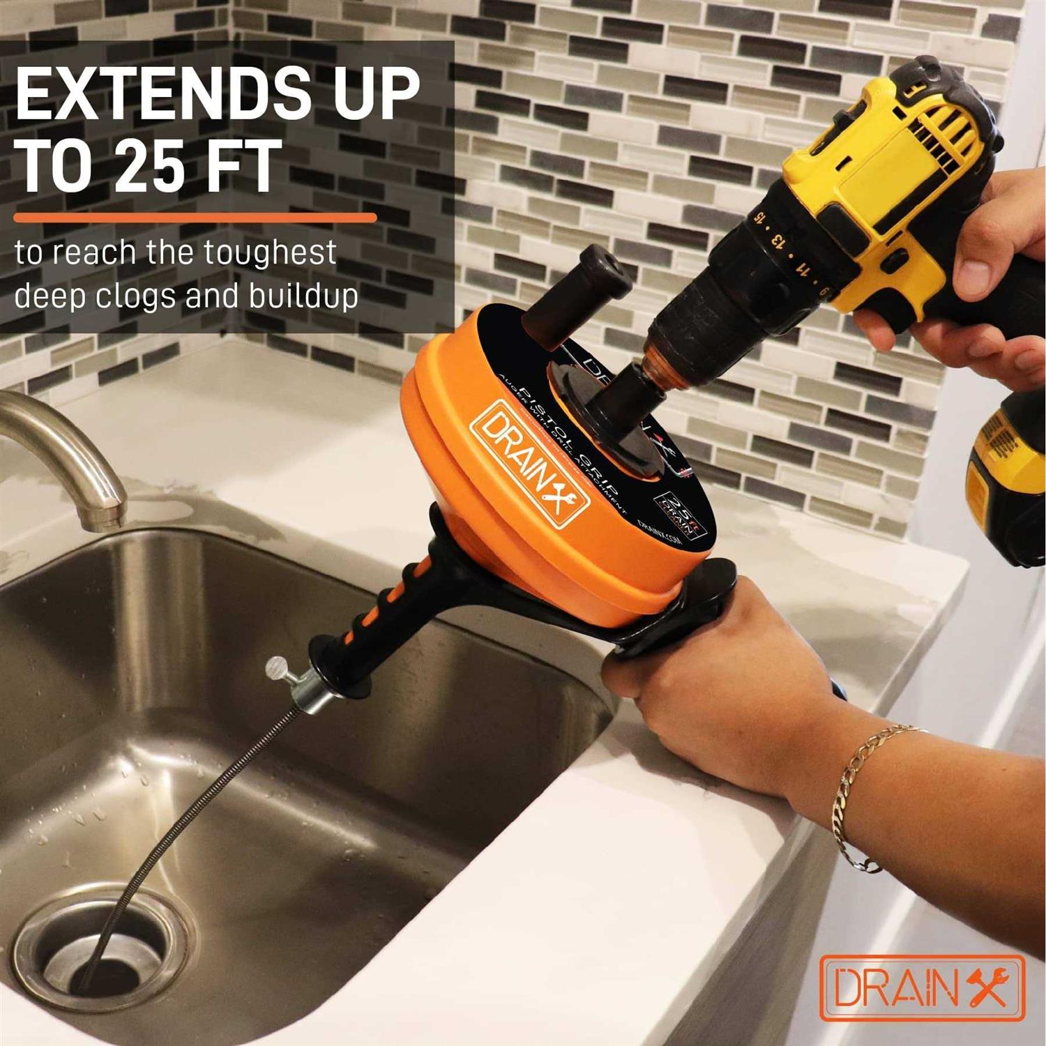 Drainx Heavy-Duty-Steel Pro Drum Drain Auger, 25 Ft., with Work Gloves and Carrying Pouch - Zenithce