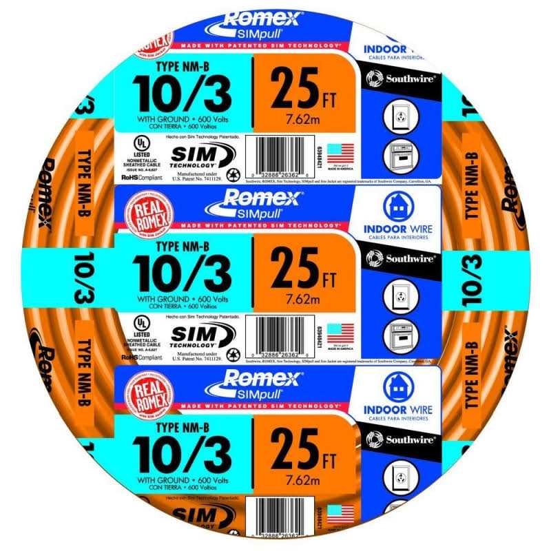 Southwire 63948421 25′ 10/3 with Ground Romex Brand SIMpull Residential Indoor Electrical Wire Type NM-B, Orange - Zenithce