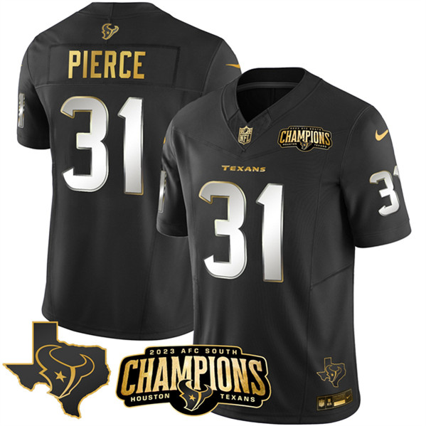 Houston Texans #31 Dameon Pierce Black Golden 2023 F.U.S.E. With AFC South Champions Patch And Team Logo Patch Limited Stitched Jersey - Zenithce