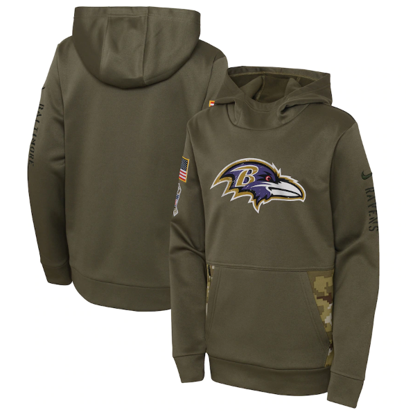 Youth Baltimore Ravens 2022 Olive Salute To Service Therma Performance Pullover Hoodie - Zenithce
