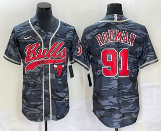 Chicago Bulls #91 Dennis Rodman Black Camo With Patch Cool Base Stitched Baseball Jersey - Zenithce
