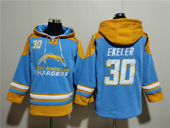Los Angeles Chargers #30 Austin Ekeler Blue Ageless Must-Have Lace-Up Pullover Hoodie - Zenithce