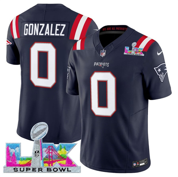 New England Patriots #0 Christian Gonzalez Navy 2025 F.U.S.E. Super Bowl LX Patch Vapor Limited Stitched Jersey - Zenithce
