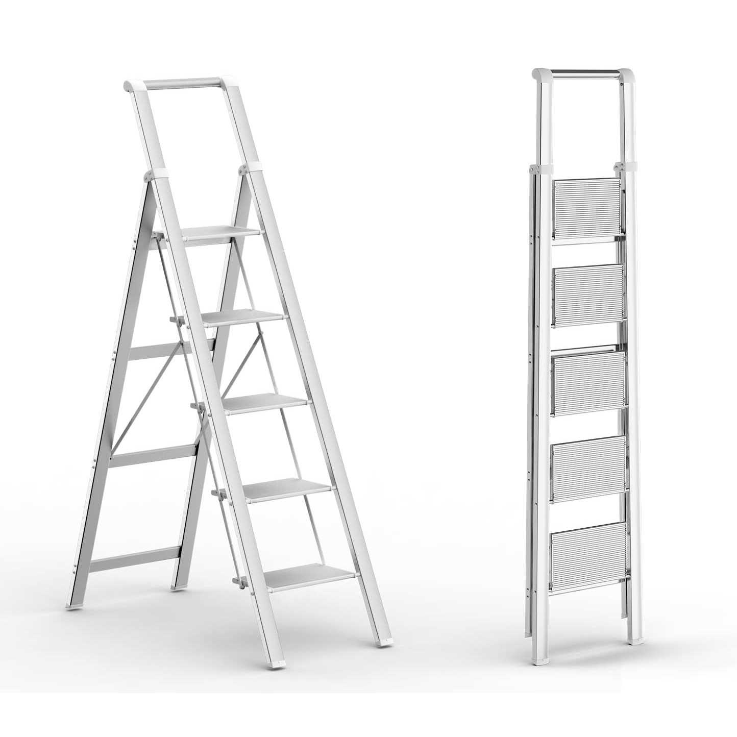 GameGem 5 Steps Lightweight Aluminum Ladder Folding Step Stool Stepladders with Anti-slip and Wide Pedal For Home and Kitchen Use - Zenithce