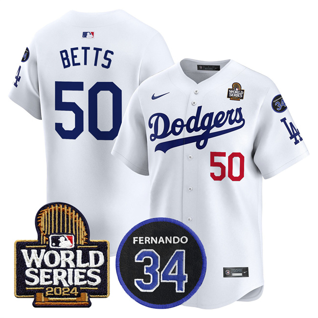 Los Angeles Dodgers #50 Mookie Betts White 2024 World Series With Fernando Memorial Patch Limited Stitched Jersey - Zenithce