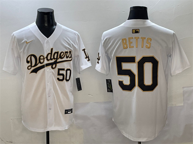 Los Angeles Dodgers #50 Mookie Betts White Gold Limited Stitched Jersey - Zenithce