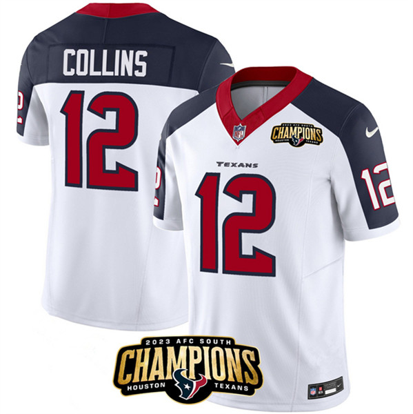 Houston Texans #12 Nico Collins White Navy 2023 F.U.S.E. With AFC South Champions Patch And Team Logo Patch Limited Stitched Jersey - Zenithce